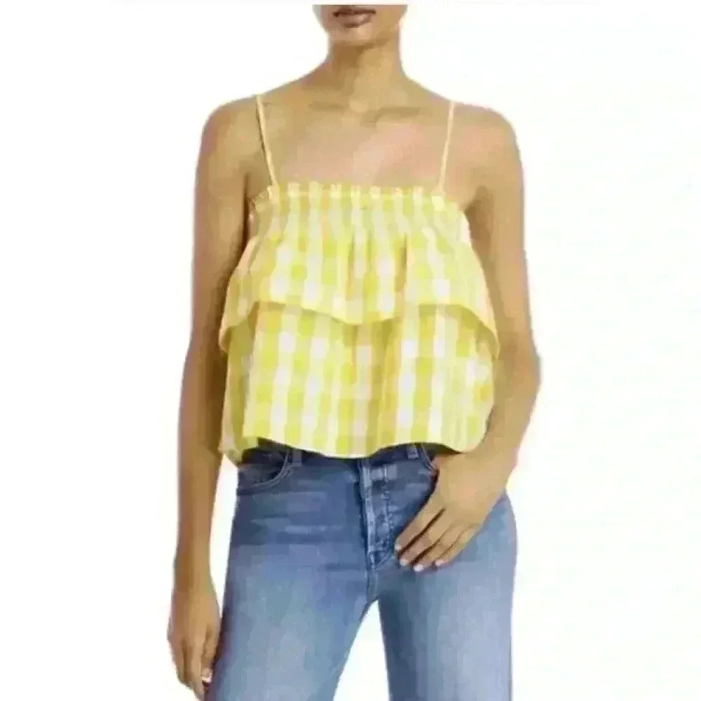 AQUA‎ Yellow Gingham Ruffle Smocked Camisole Tank Top Small NEW